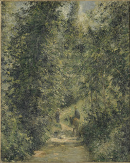 painting of a figure riding a horse on a dirt path through some trees
