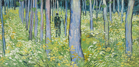 impressionistic painting of two figures walking through a forest covered in flowers