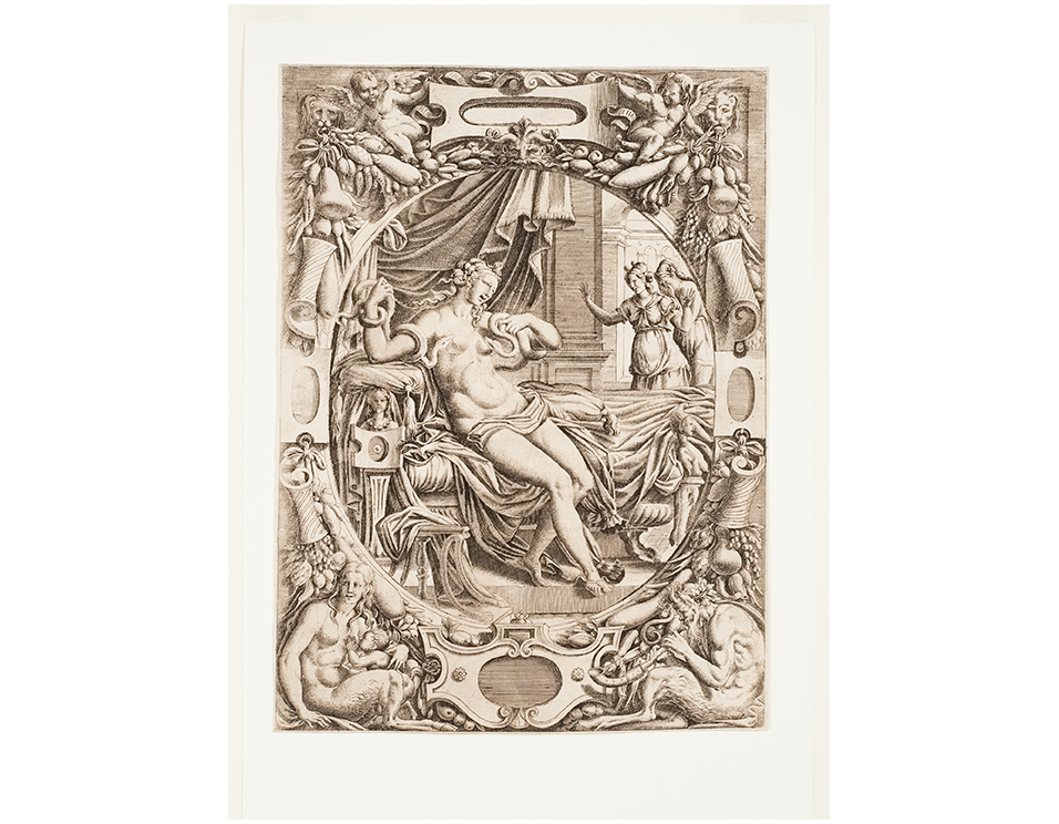 Jean Mignon's Cleopatra Bitten by an Asp, a black and white etching of a nude Cleopatra sitting in a bed, attacked by two snakes wrapped around her arms as two onlookers watch in horror. The image is outlined with an ornately decorated frame