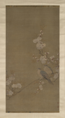 painting of two doves resting on the branch of a blossoming pear tree