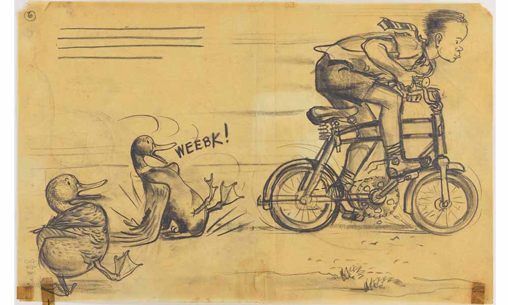 Robert McCloskey's Illustration for Make Way for Ducklings, a schoolboy quickly rides his bike past two frightened ducks