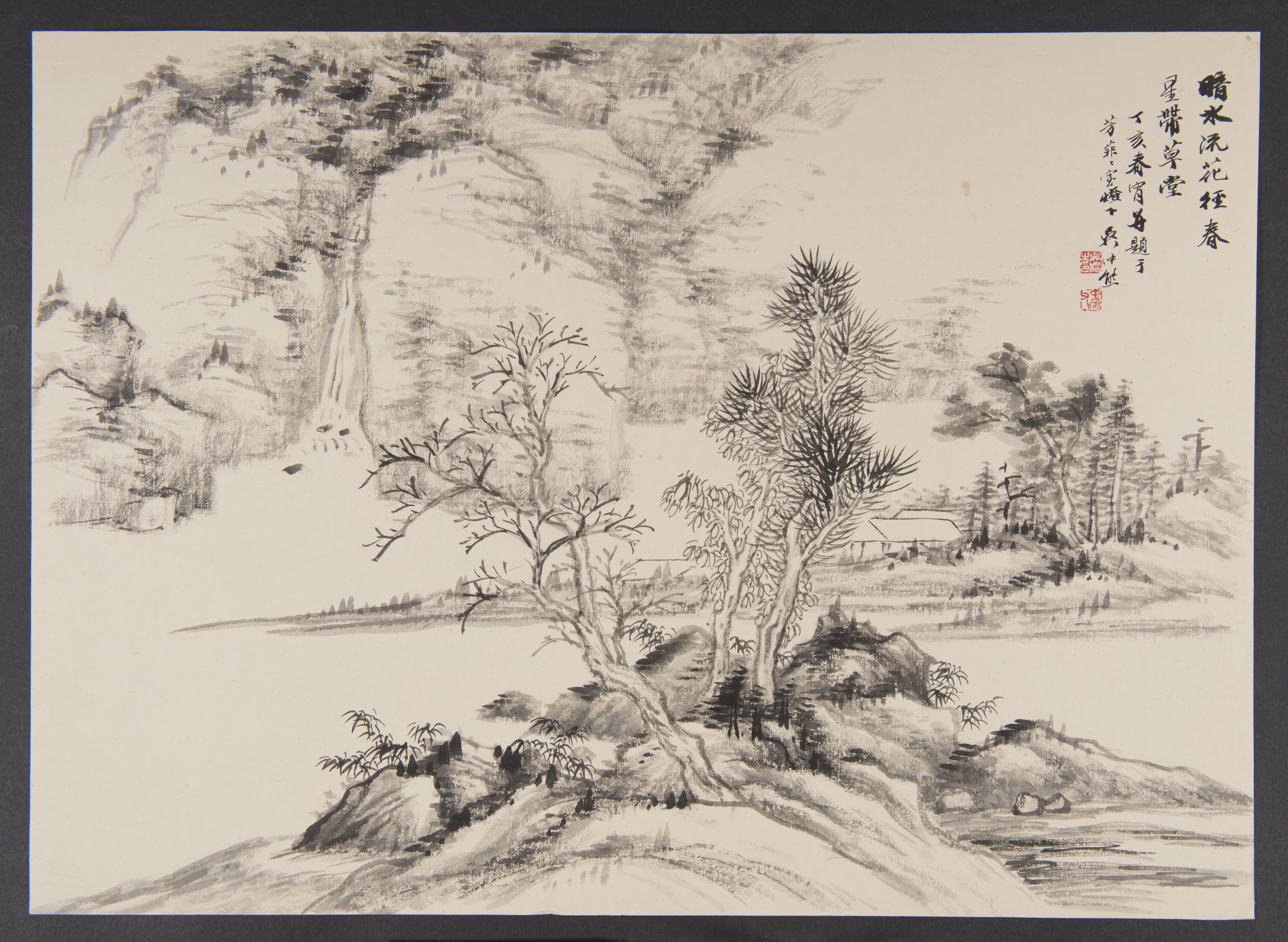 drawing of trees and buildings along a river bank