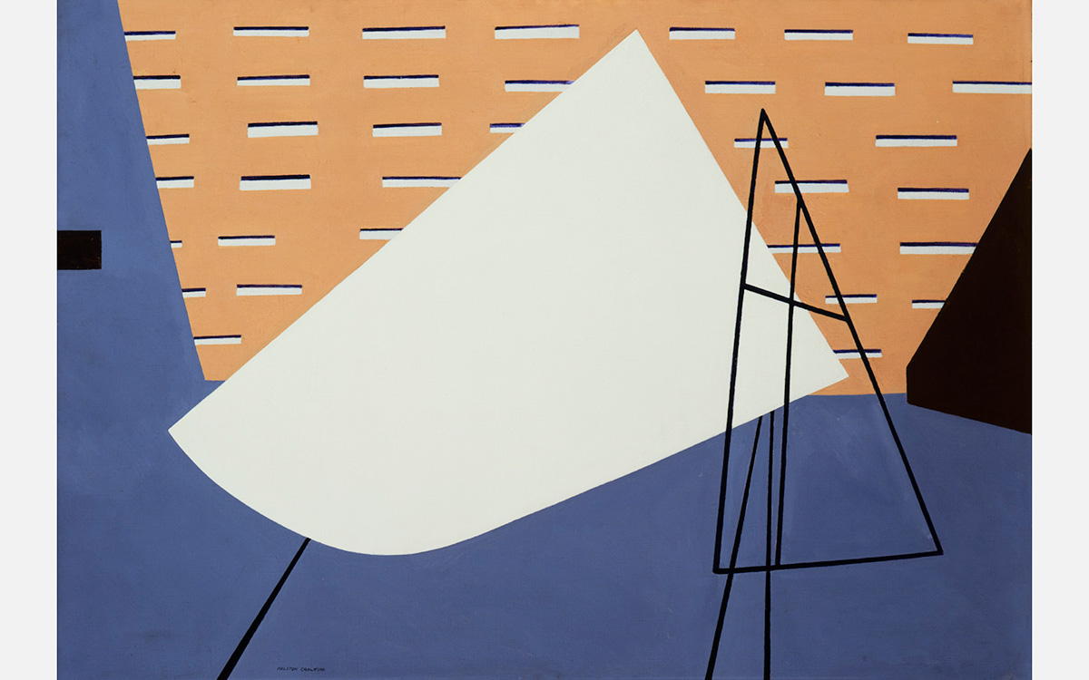 abstract composition with blue, white, black, and tan elements