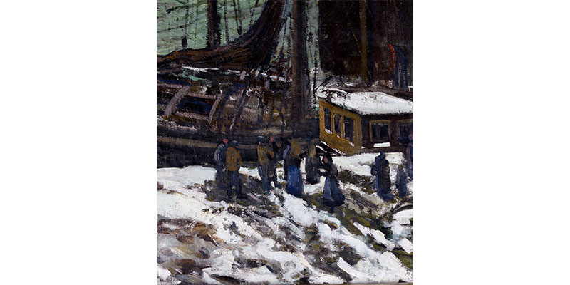 detail of a group of sailors on a snowy bank walking towards a docked ship