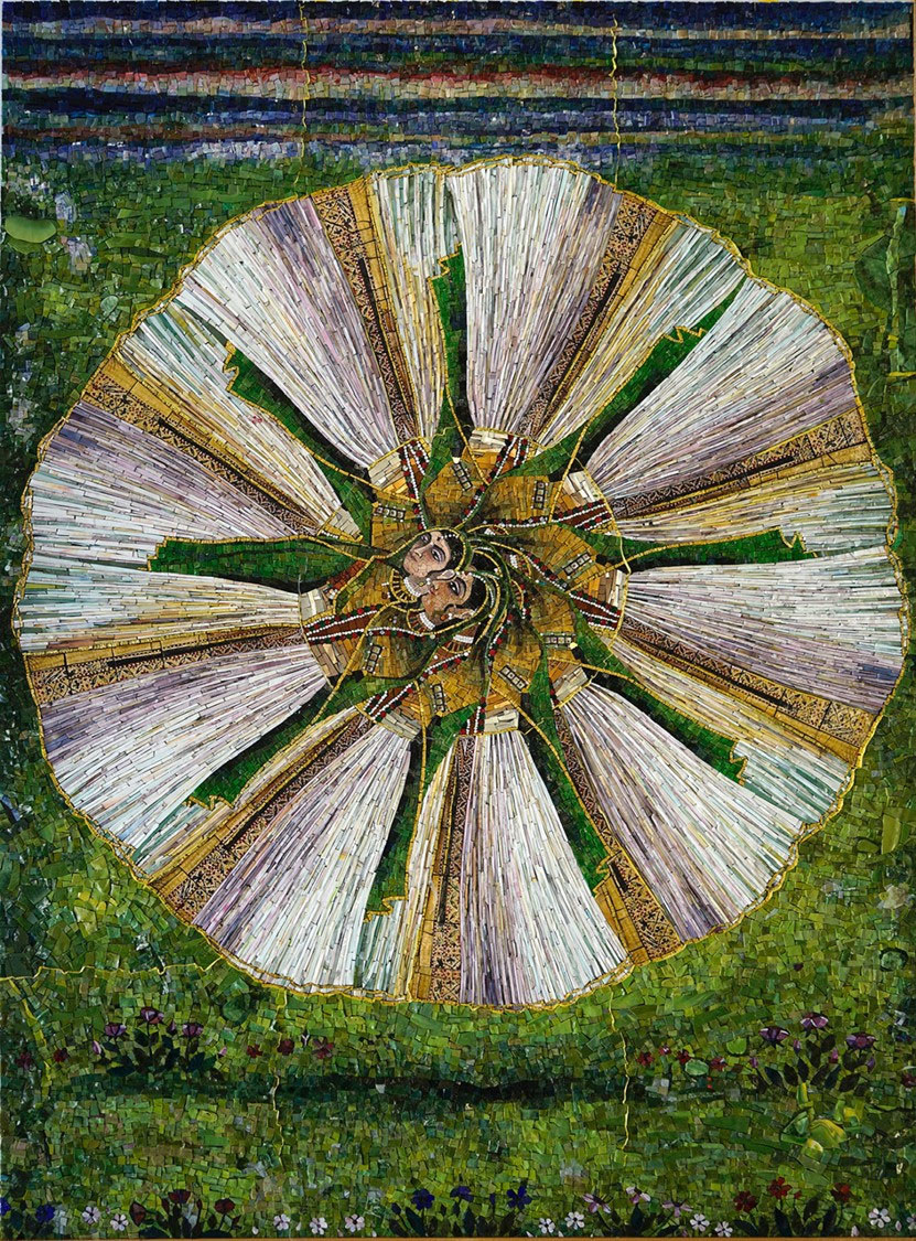 A circle made from overlapping images of women in dresses