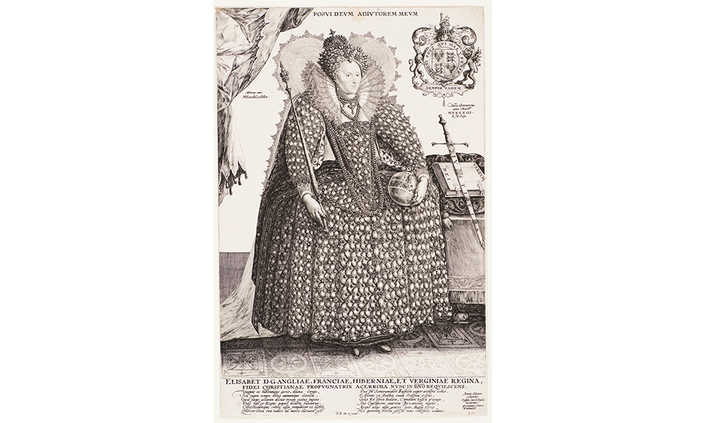 Black and white engraving of Queen Elizabeth wearing a large, ornate dress holding a scepter on her right shoulder