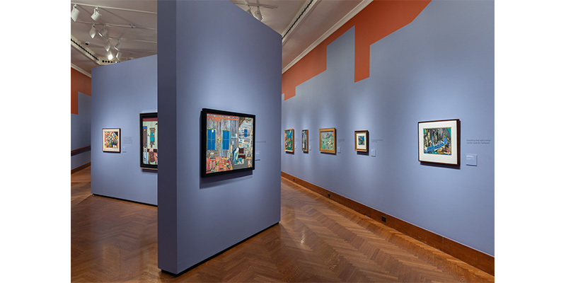 Various artworks within the Romare Bearden exhibition