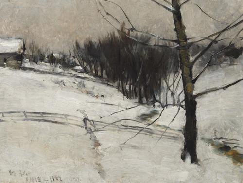 John Henry Twachtman’s Snow Scene, painting of a snow covered country side with  small creek and wooden fence