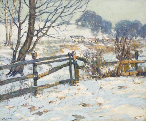 John Ellsworth Weis’ Winter in Cincinnati, a painting of a dilapidted wooden fence in a snow covered field with some buildings and trees in the distance