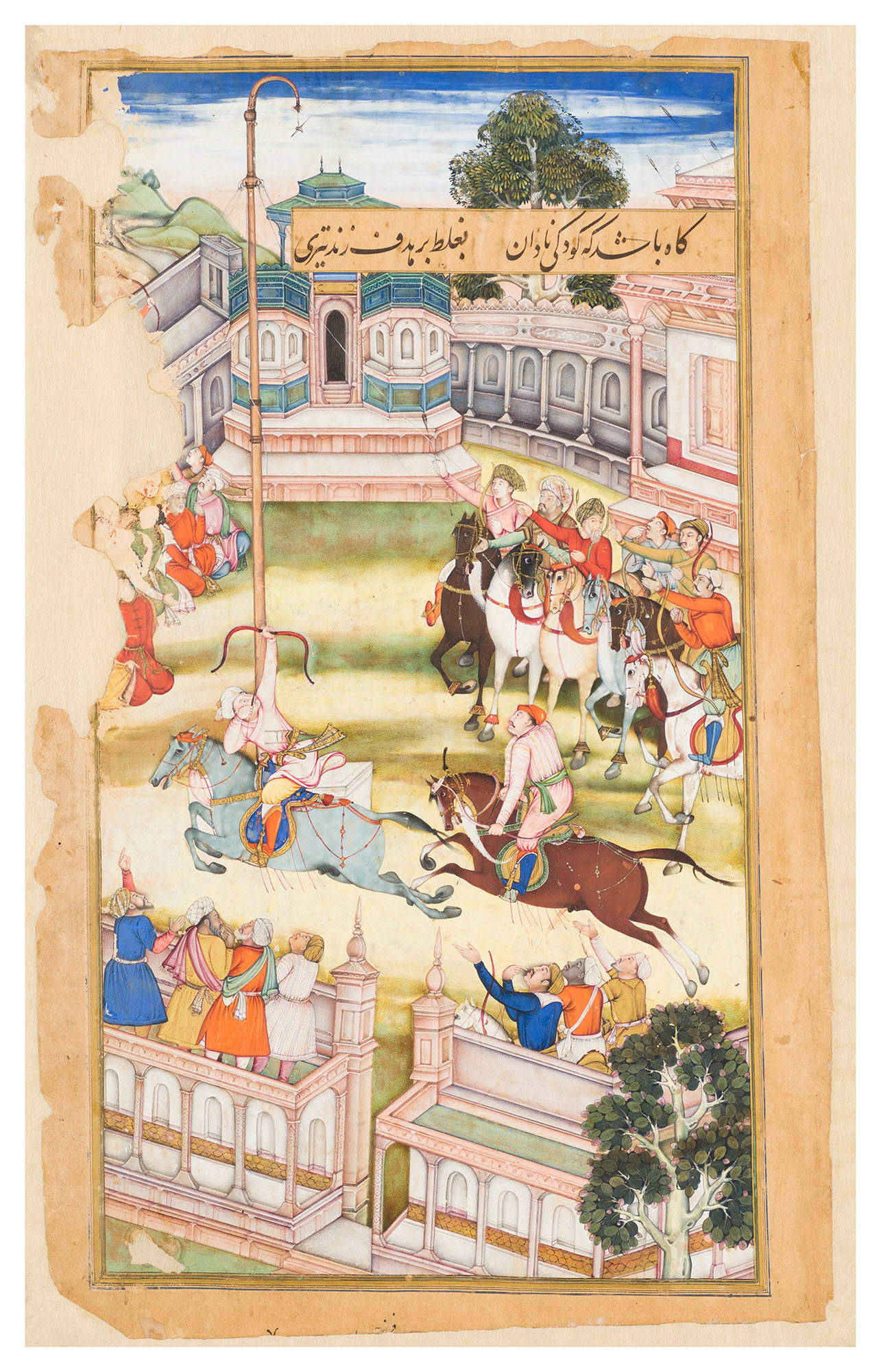 A painting of an archer riding a horse and shooting at a target overhead in front of a large crowd