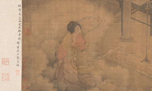 A faint illustration of a person in swirling clouds