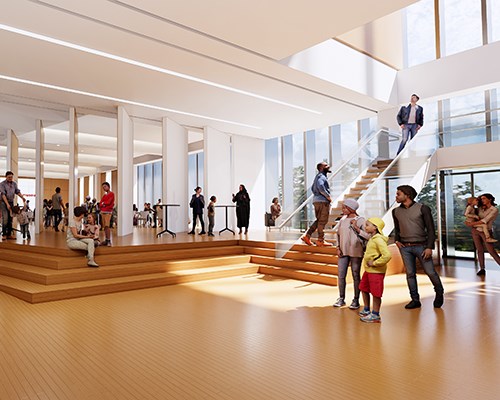 A rendering of a staircase surrounded by many windows