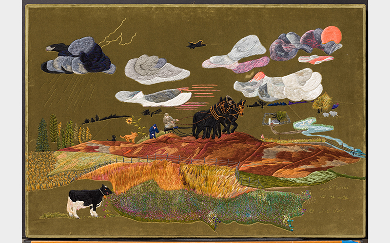 Mary K. Borkowski (American, 1916–2008), Toil, Strength, and Devotion, 1973, hand stitching with silk thread on velvet, 20 1/8 x 29 1/4 in. (51.1 x 74.3 cm), Collection of Richard Rosenthal
