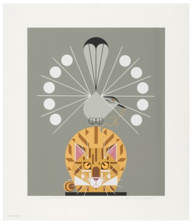 Charley Harper’s Catnip, print of a cubist style cat looking up towards a bird