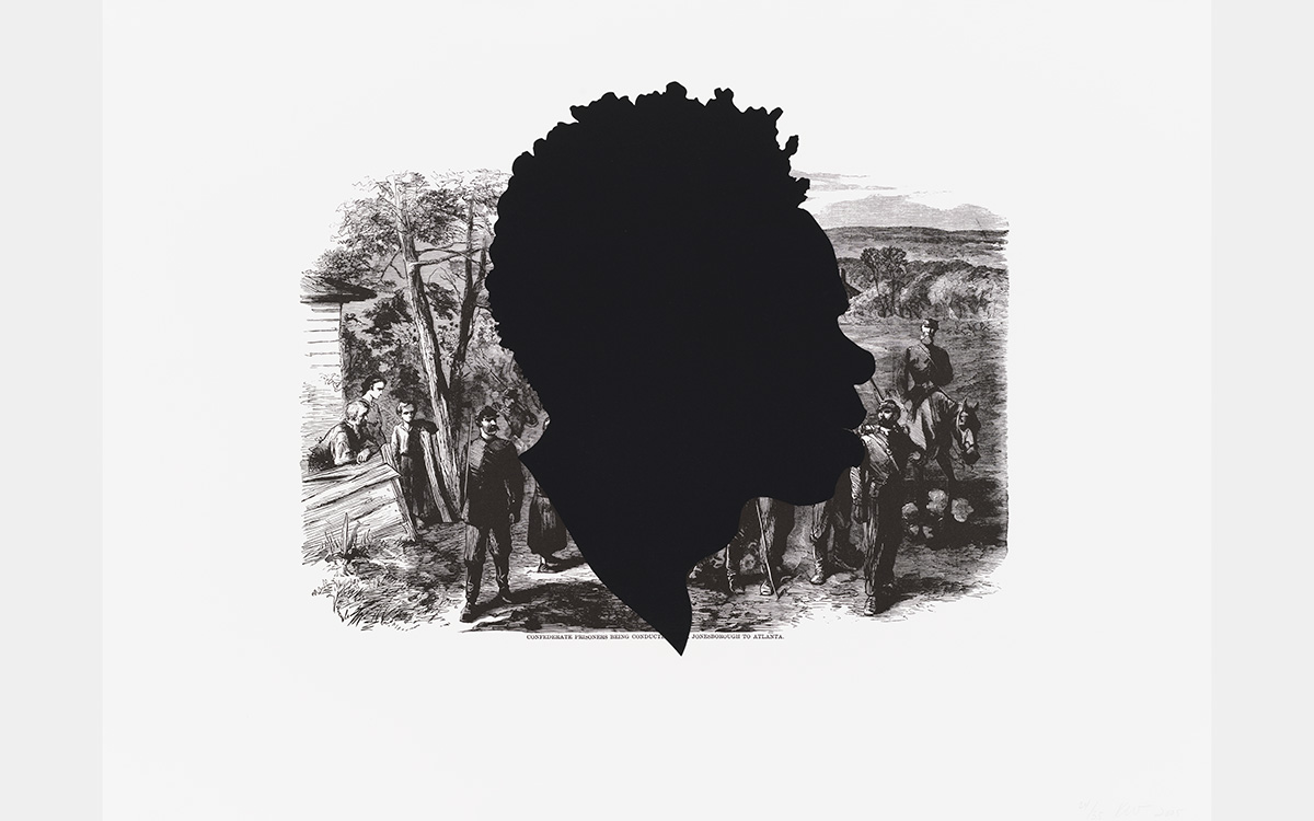 The silhouette of a Black person's head over a historical black and white illustration
