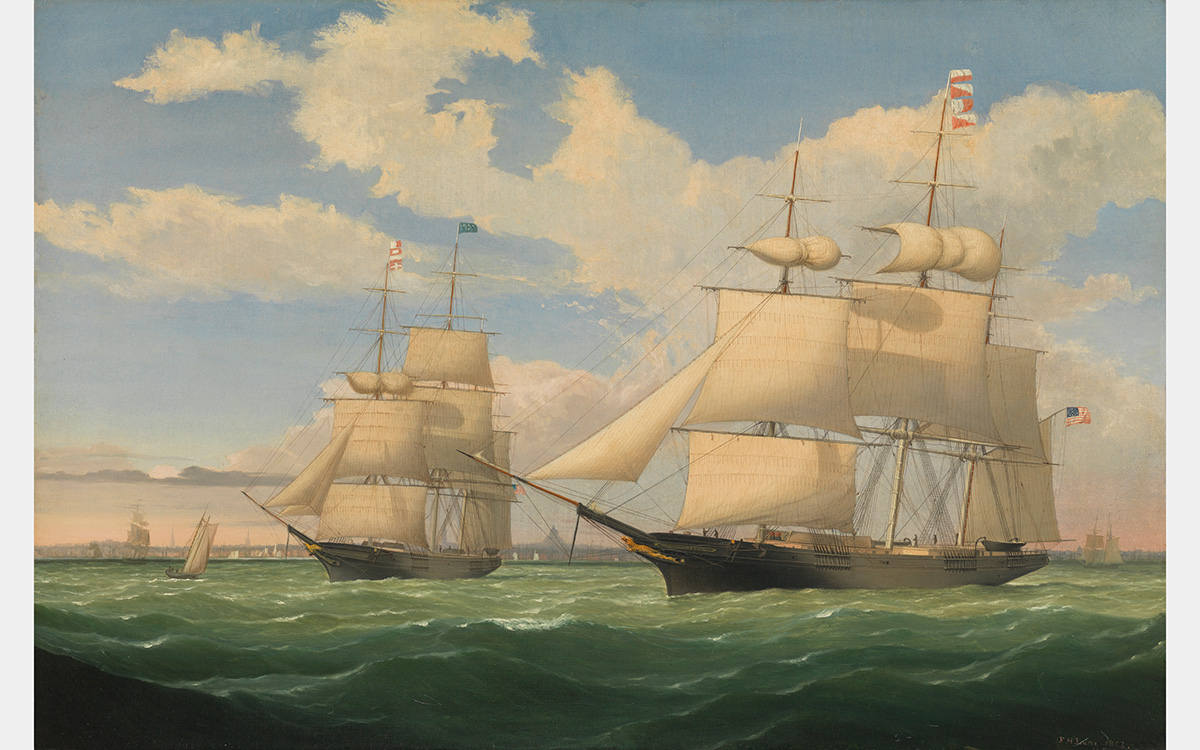 Sailing ships on a green sea with a blue sky and clouds in the background