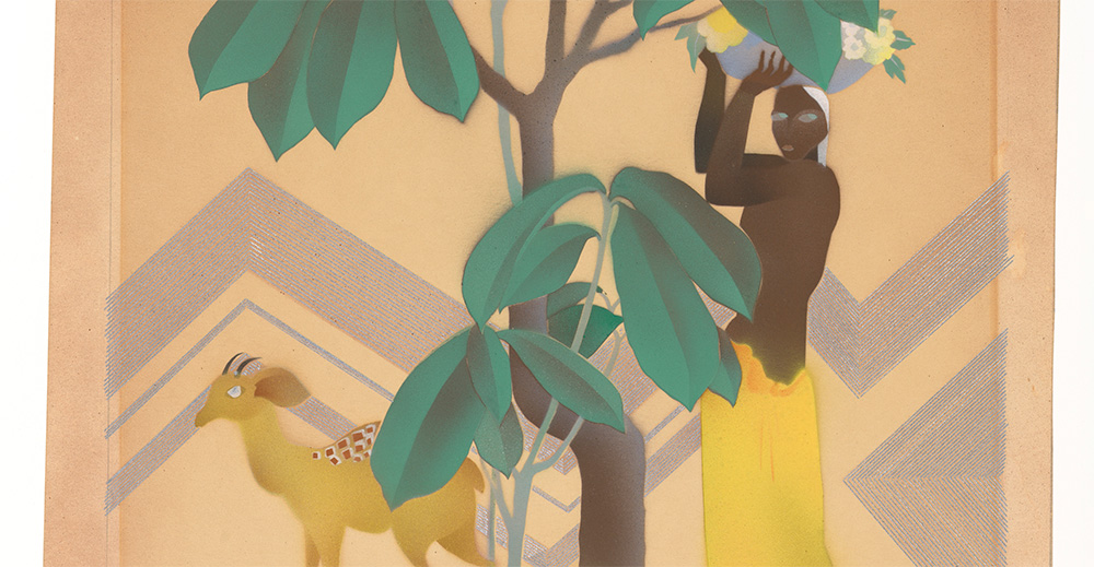 A Black person carries a basket of flowers beside a tree