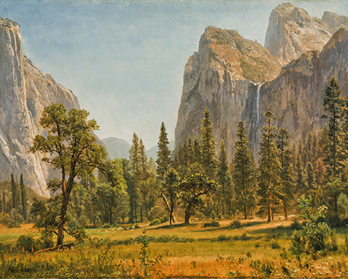 A warm, sunny painting of a massive mountain range