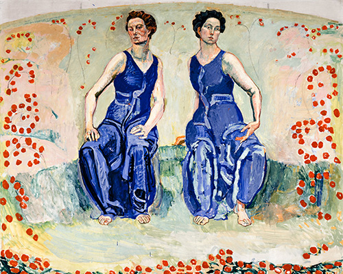 A painting of two people in blue dresses in a field of red flowers