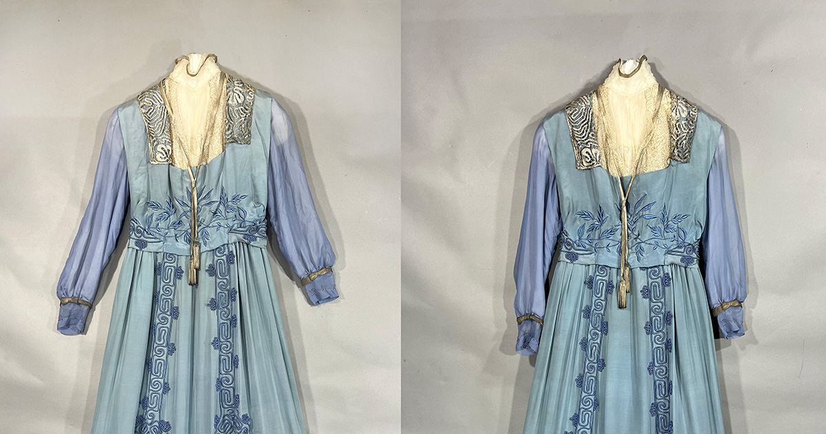 A faded blue dress beside the same dress after treatment, looking less faded