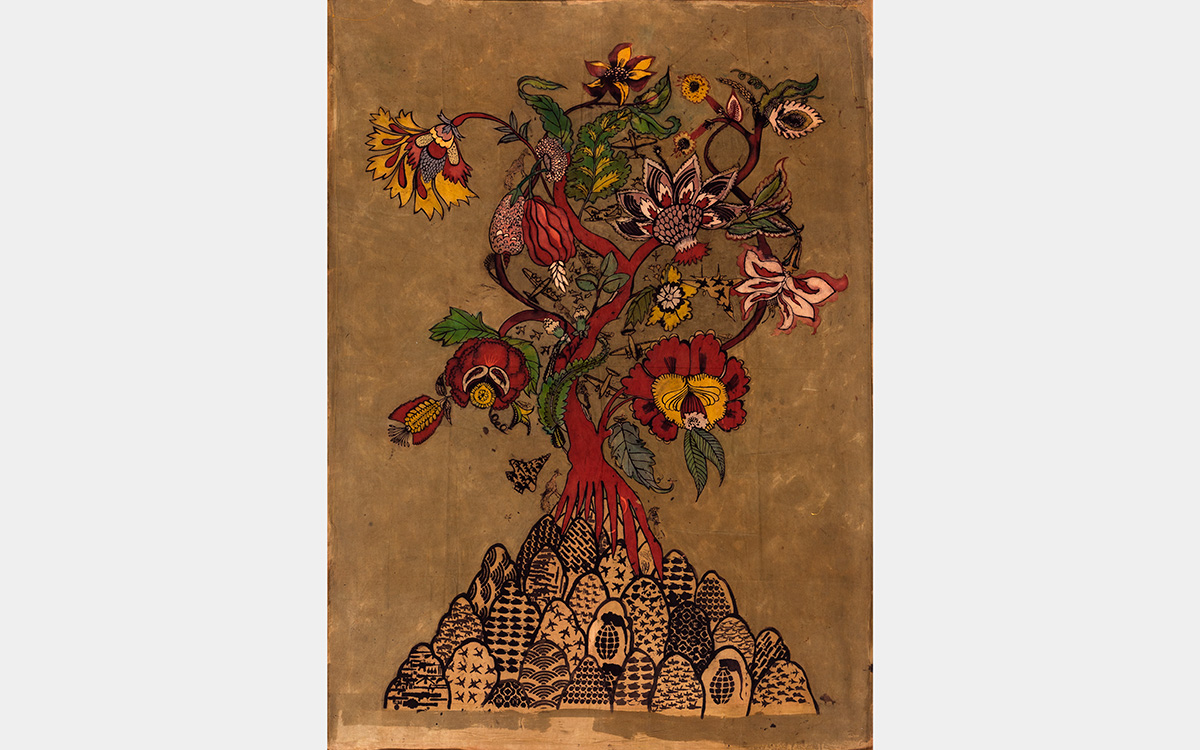 Fantastical floral imagery -- in shades of red, green, gold, black, and pink against tan background -- with images of fighter jets and grenades.