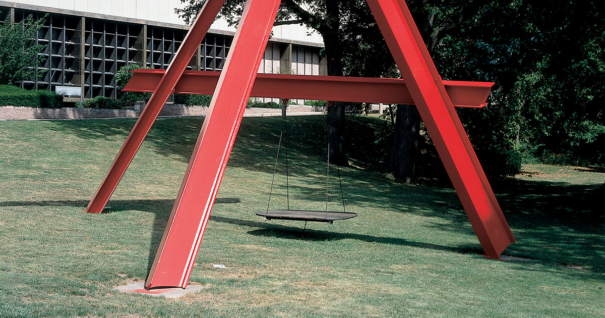 Mark Di Suvero (American, b.1933), Atman, 1978–1979, steel, unpainted by 1985, with swinging bed, The Edwin and Virginia Irwin Memorial, © Mark Di Suvero 2016, 1986.36