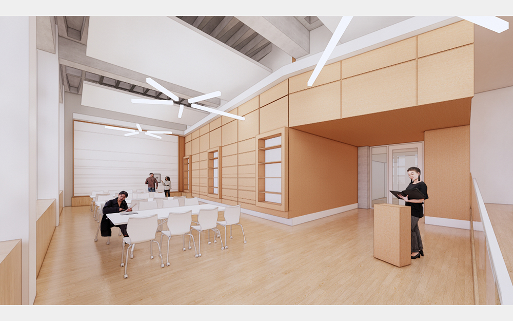 A rendering of a large bright room with a person standing by a lectern