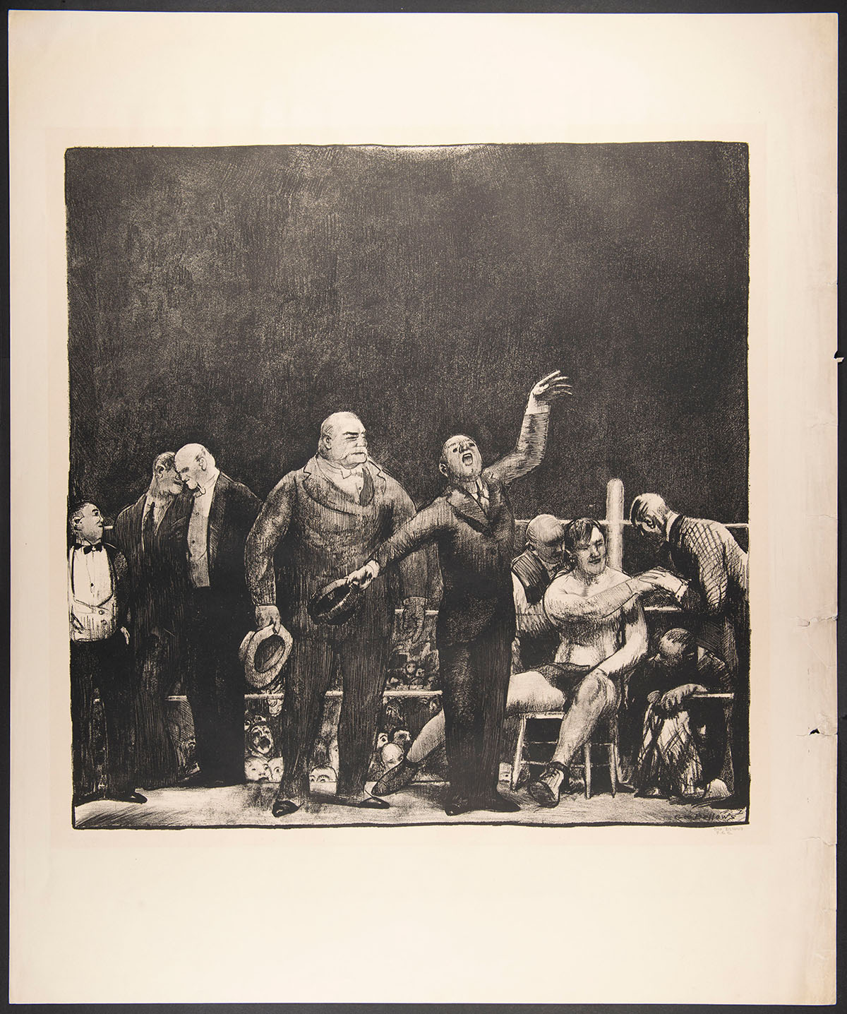 A print of a young man in a suit speaking with a raised arm inside a boxing ring