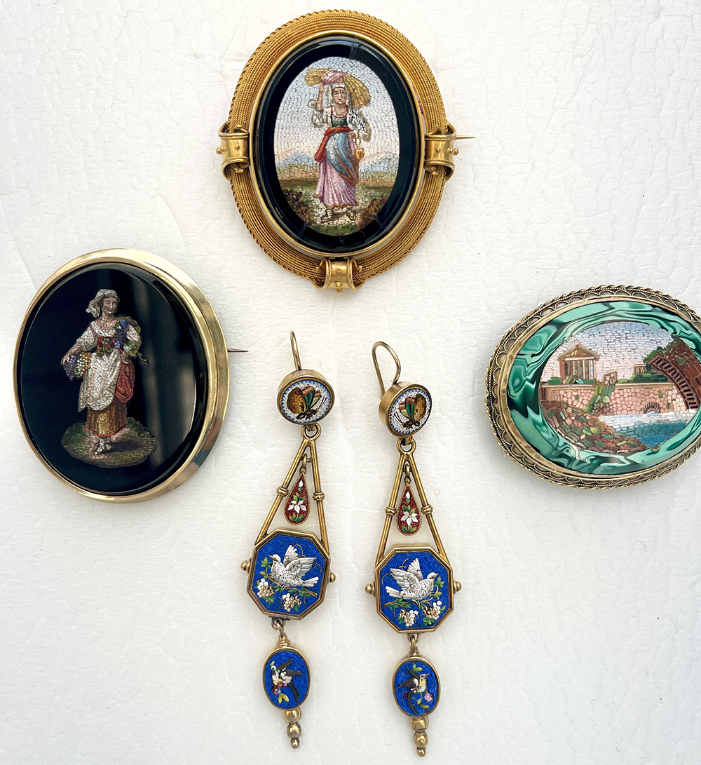 Brooch, 1850’s, Italy (Rome), Glass, onyx, gold, Gift of Mary and Alice Dexter,1913.574 Brooch, 1860–1870, Italy, glass, onyx, gold, Gift of Mary Louise Burton, 1973.414 Brooch, 1850s, Italy, glass, marble, gold, Gift of Mrs. Russell Wilson, 1940.742 Earrings, 1860–1880, Italy (Rome), gold, glass, Gift of Mr. and Mrs. Charles Fleischmann, 2003.126a, 2003.126b