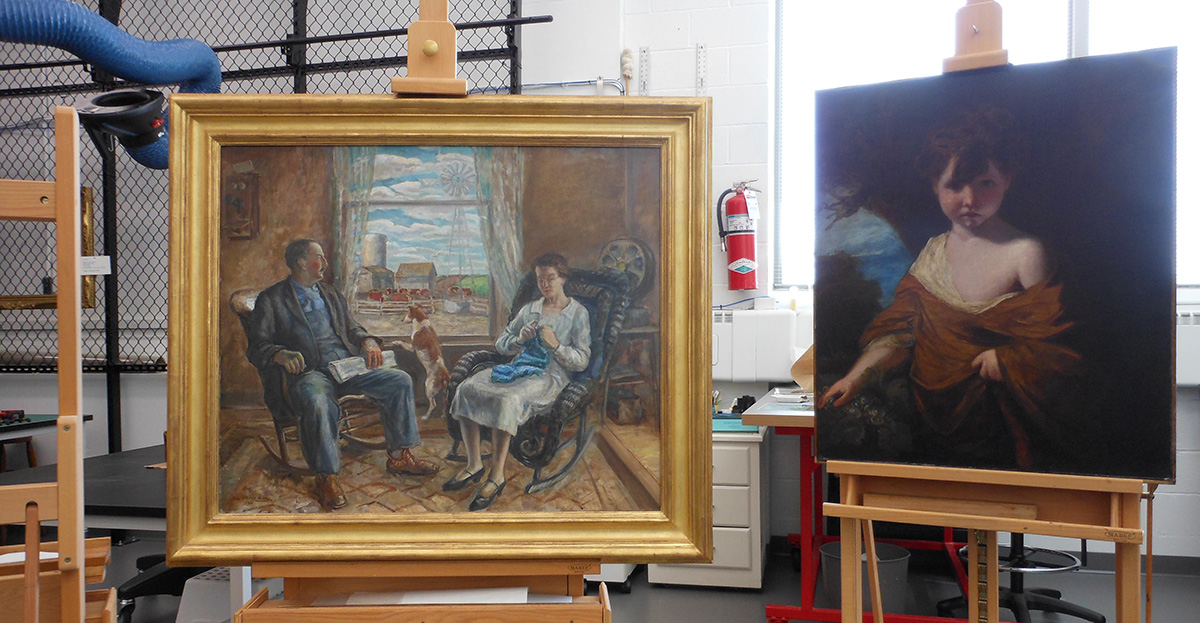A painting of two adults in rocking chairs beside a painting of a child wearing draping robes