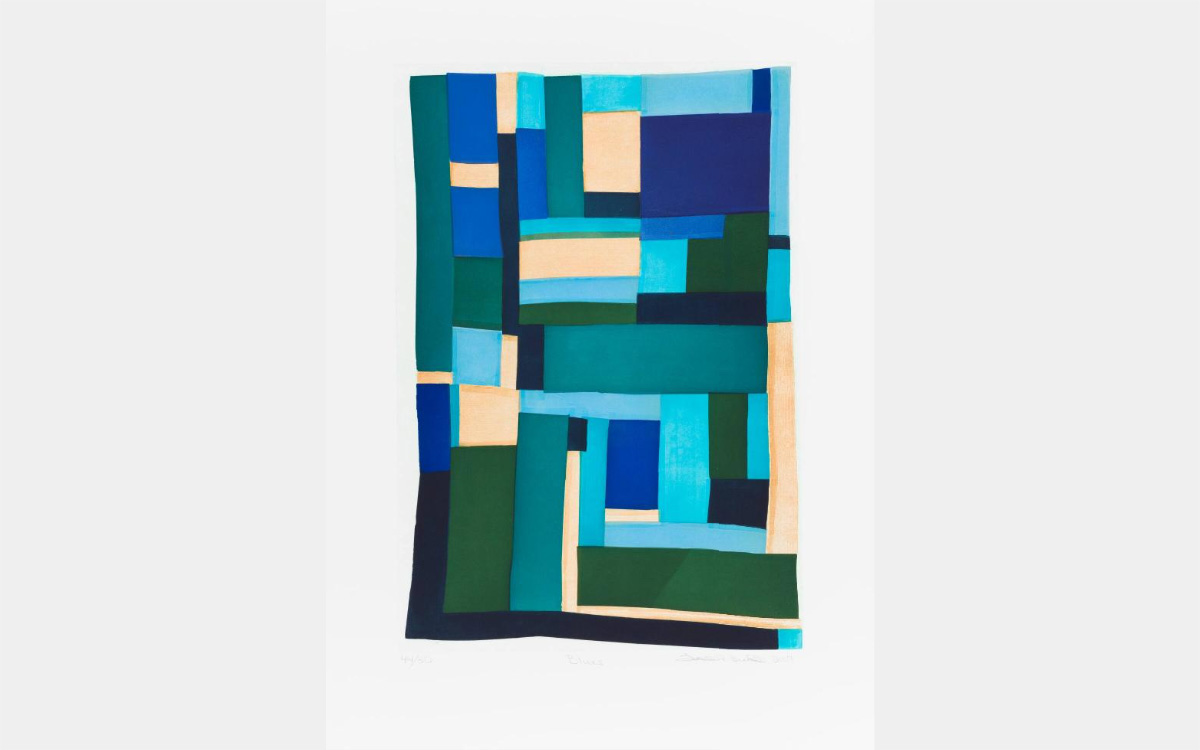 Rectangular composition of blue, green, black, and tan rectangles