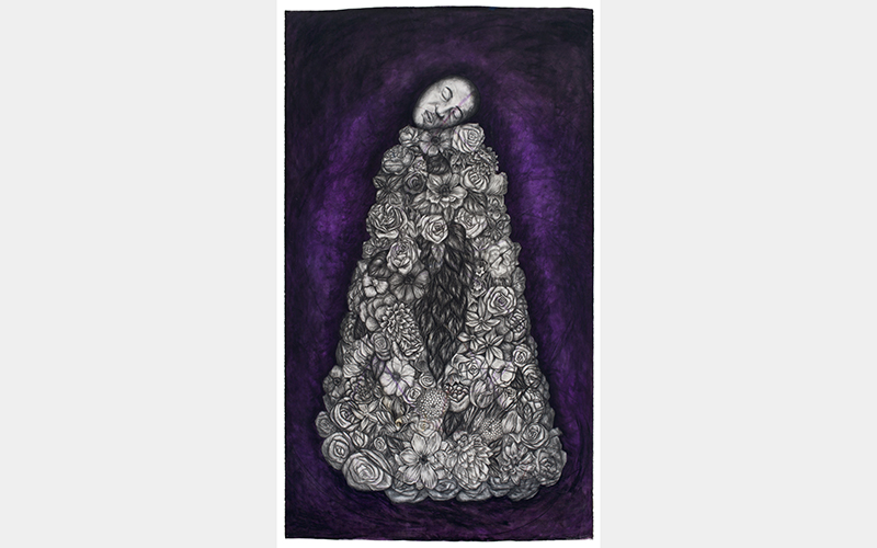 A head with closed eyes rests on a large pile of flowers with a dark purple background.