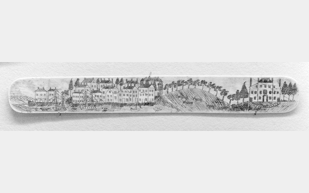 Black and white line drawing of a town with a hill and big house