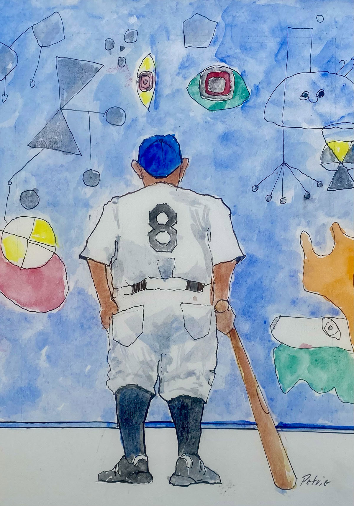 A watercolor painting of a baseball player looking at a large blue mural