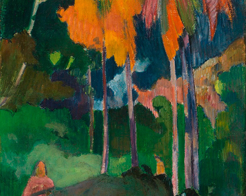 A colorful painting of human figures under brightly colored trees