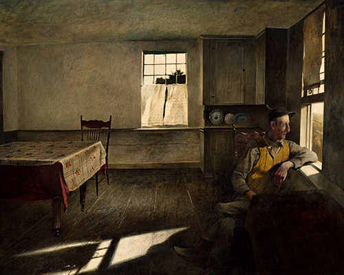 A dark painting of a man looking out an open window