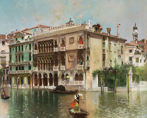 A colorful painting of a small boat in a canal in Venice