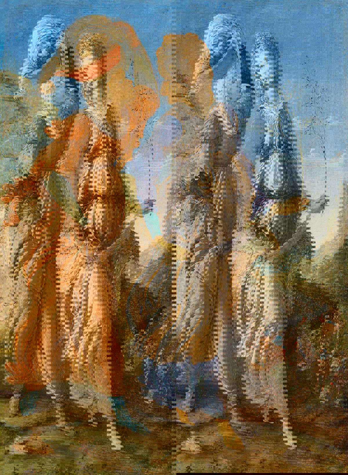 A painting of two women walking together. One has a severed head hidden in a basket on her head.