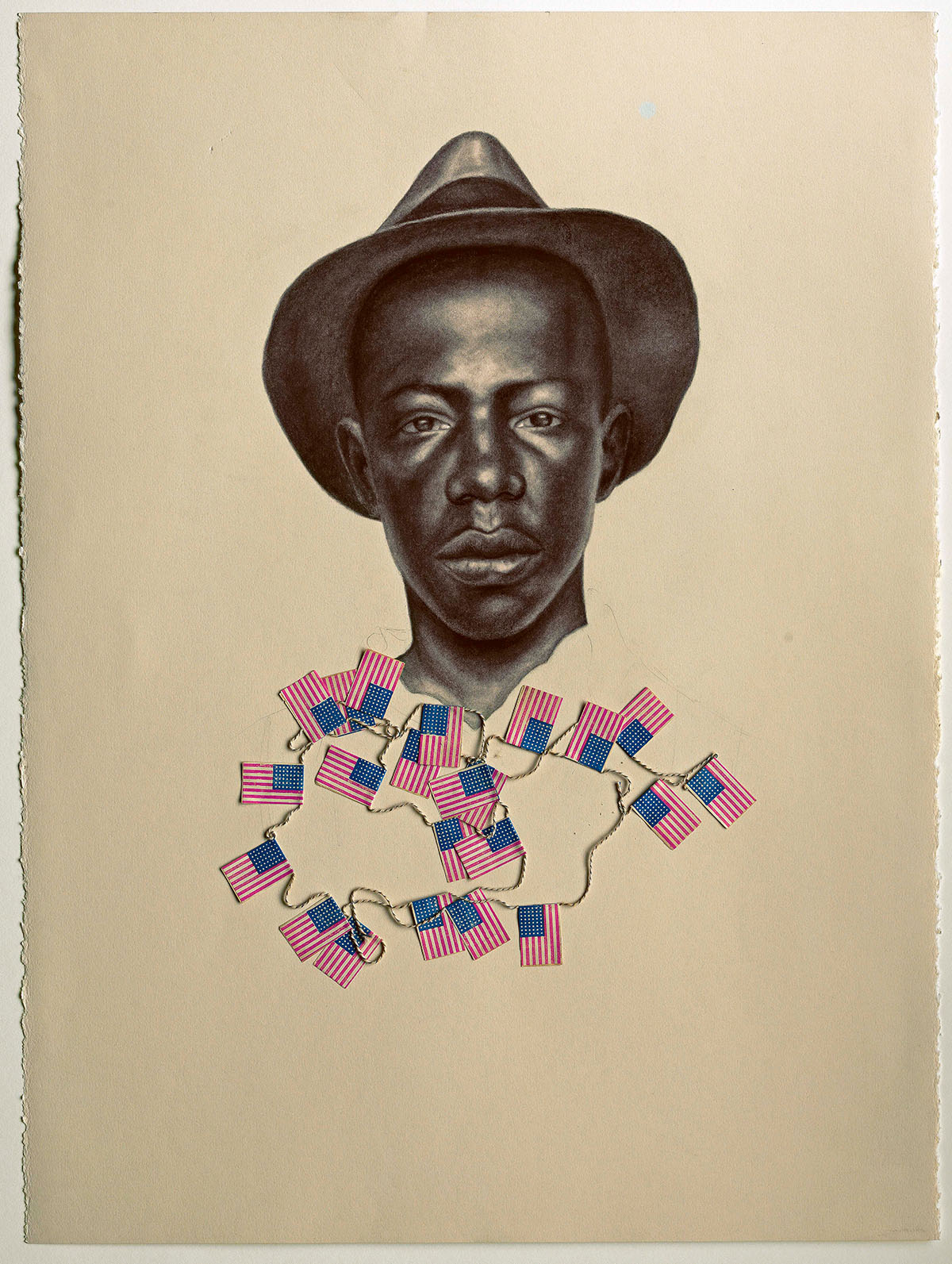 Detailed black and white portrait drawing of a Black man in a hat. A garland of paper flags is attached below this portrait.