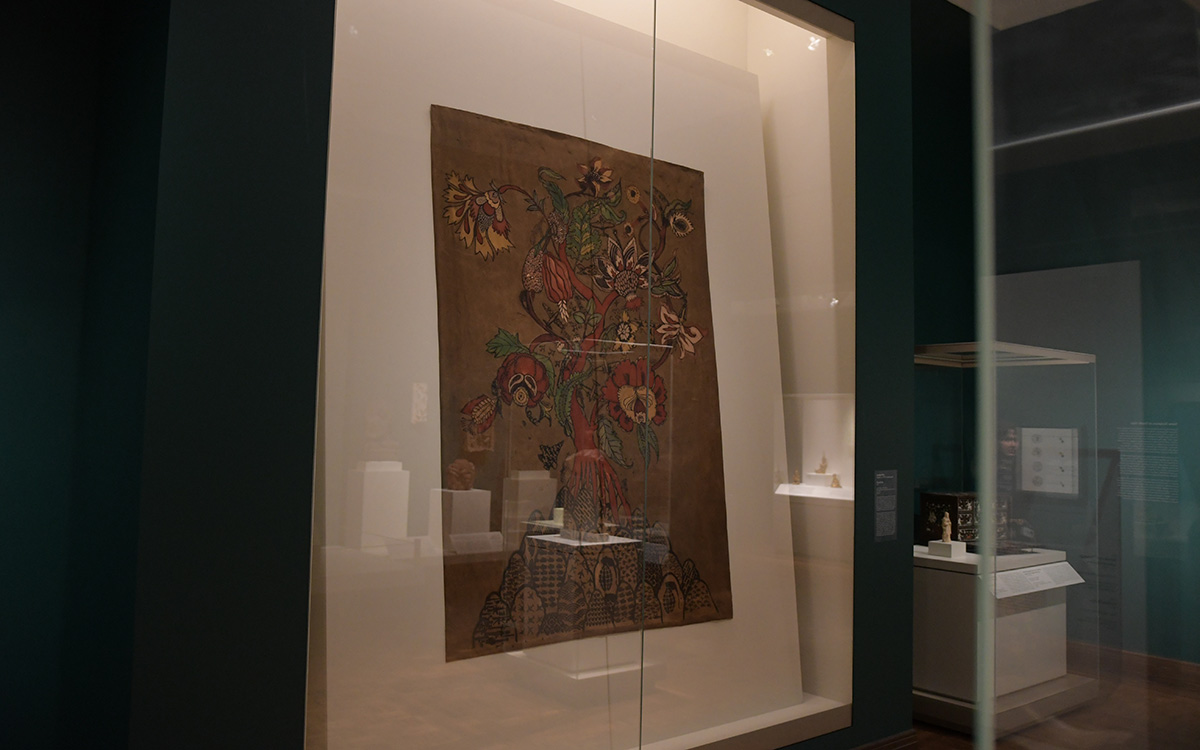 Colorful textile in display case