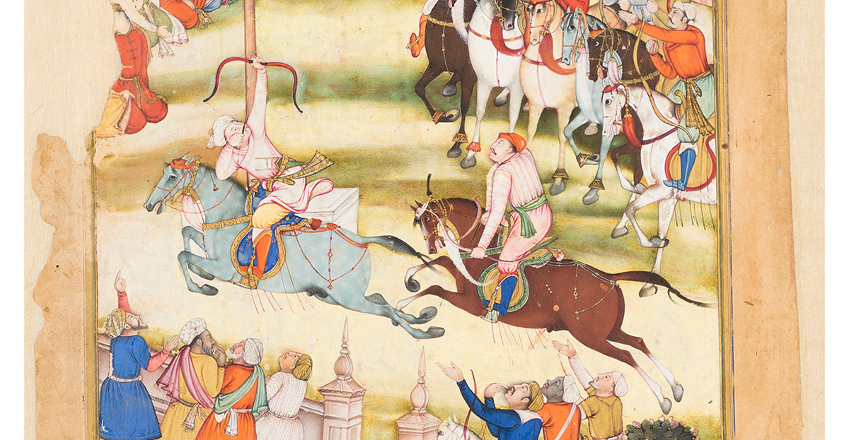 A painting of an archer riding a horse and shooting at a target overhead in front of a large crowd