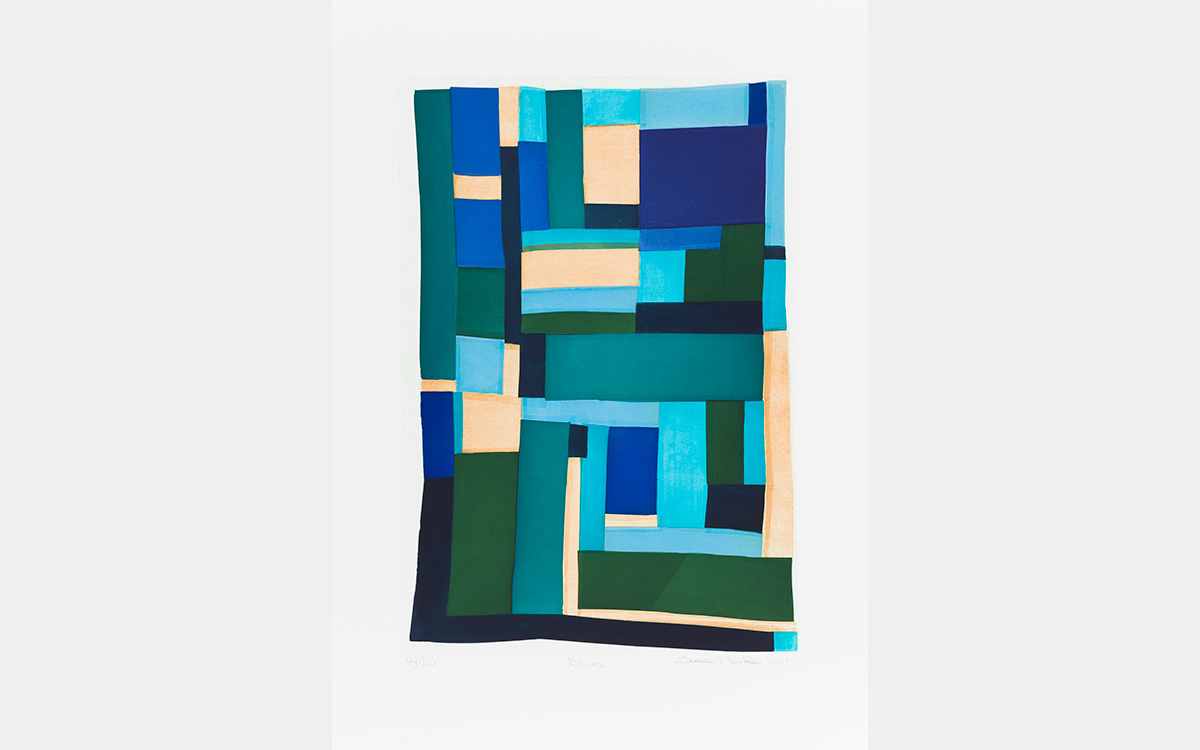 Rectangular composition of blue, green, black, and tan rectangles