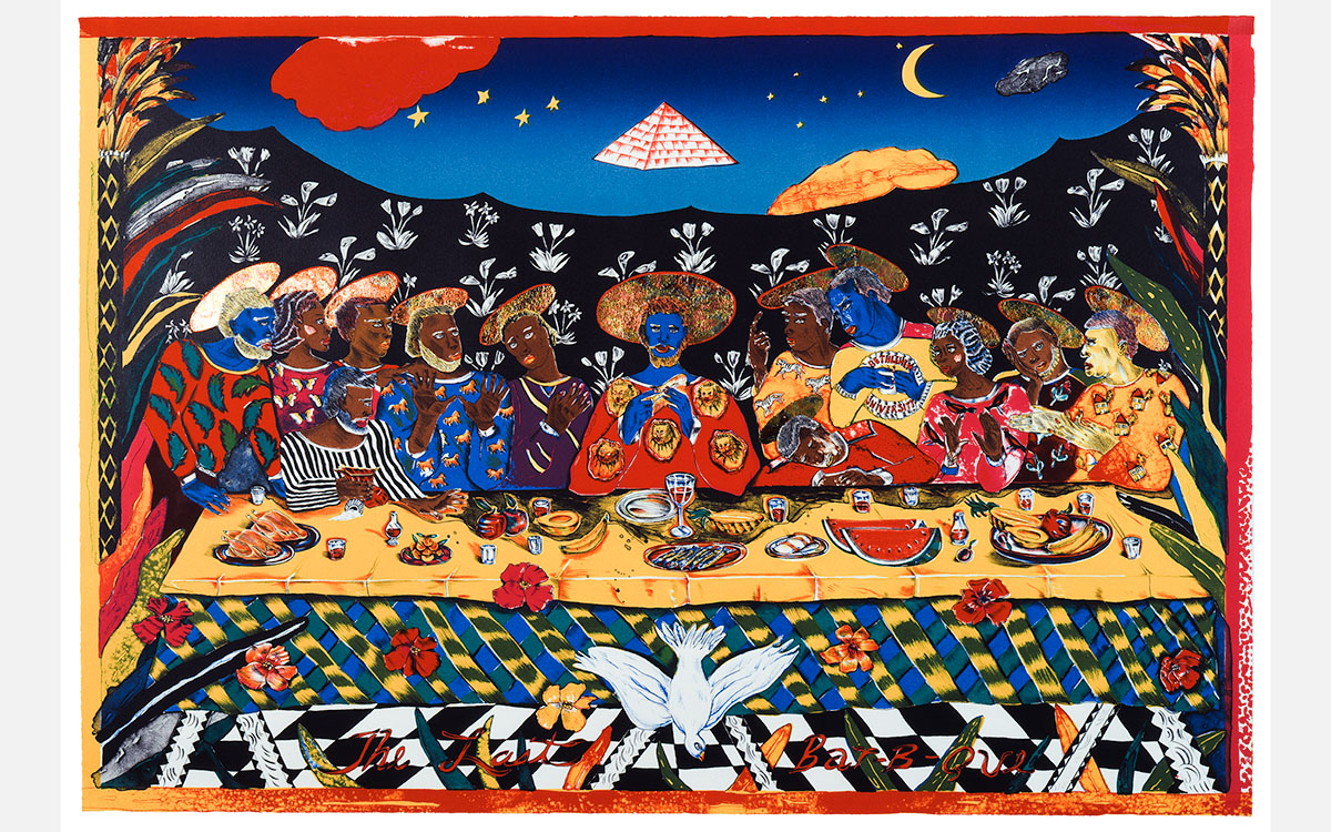 A painting of Black and blue people sitting at a long table similar to The Last Supper