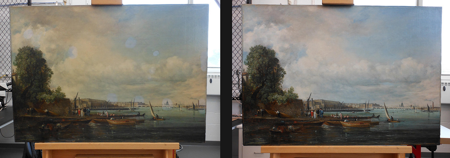 Two photos of the same painting. On the left, the painting is yellowed, with a few clean spots. On the right, the painting has been completely restored.