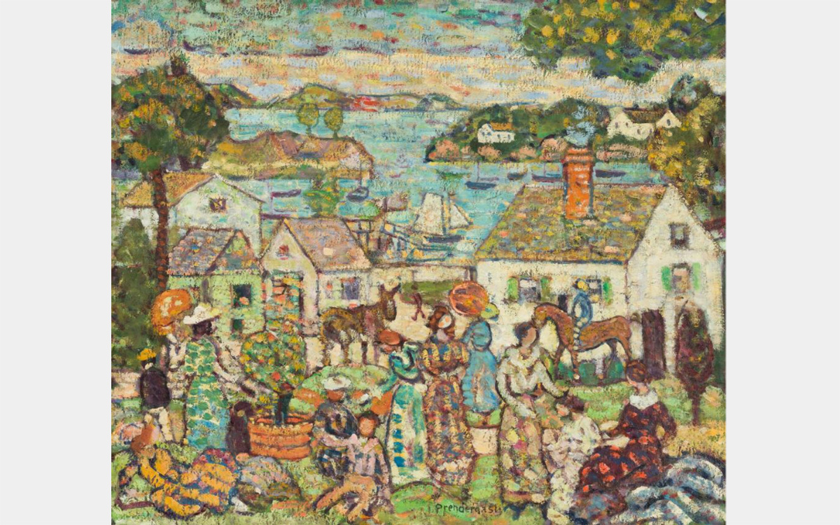 Colorful painting of people with animals, houses, ocean, and hills