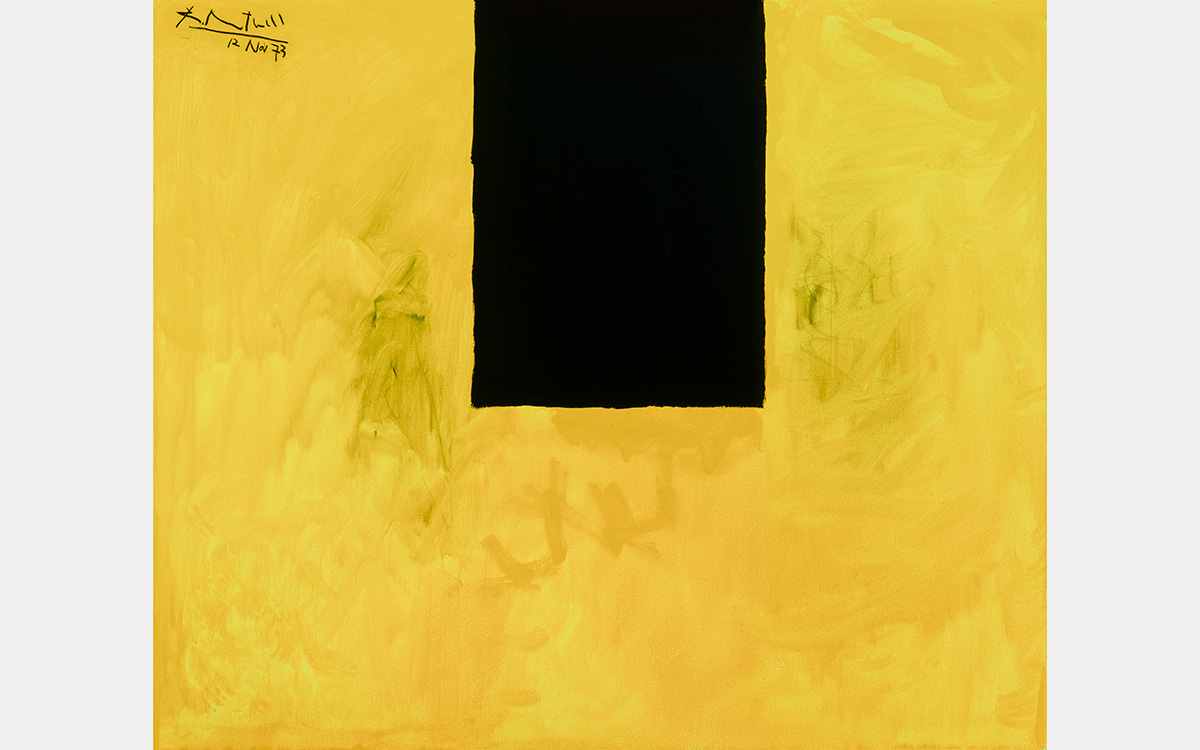 A yellow painting with a black rectangle in the top center