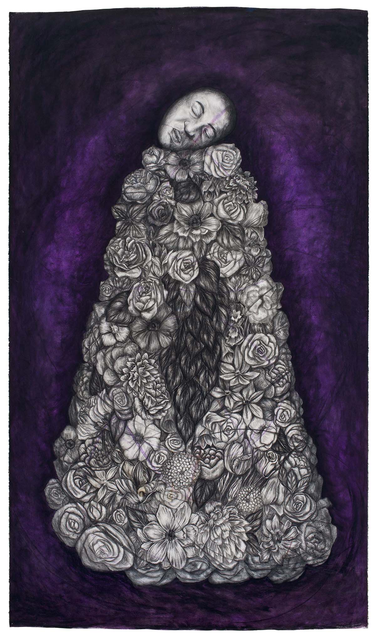 Black and white drawing on a dark purple background of a Black man resting his head on a triangular arrangement of flowers.