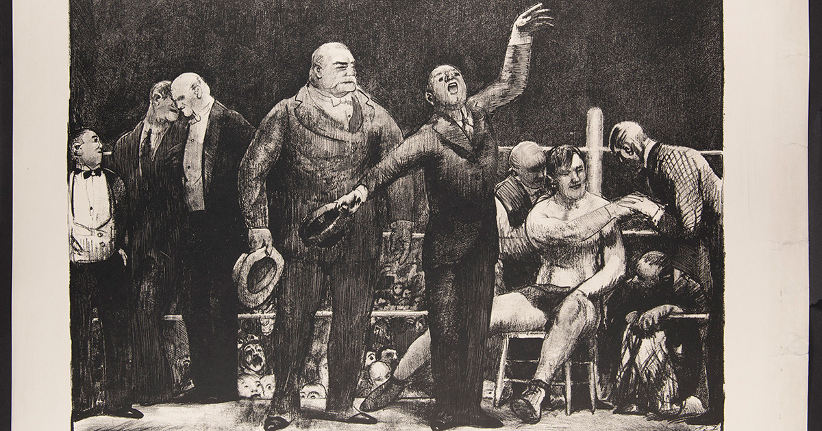 A print of a young man in a suit speaking with a raised arm inside a boxing ring